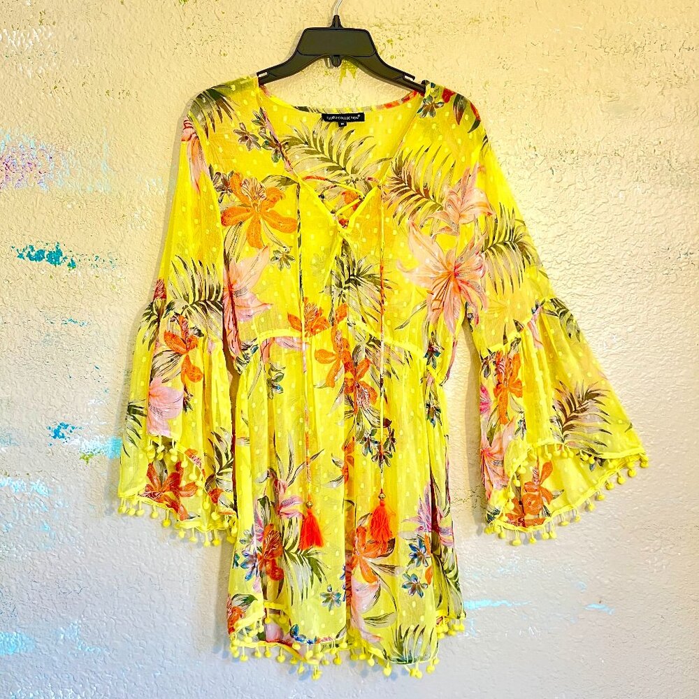 NWOT Beach Cover-Up Dress Sheer Yellow Tropical Floral with Pom-Pom Trim, Size M